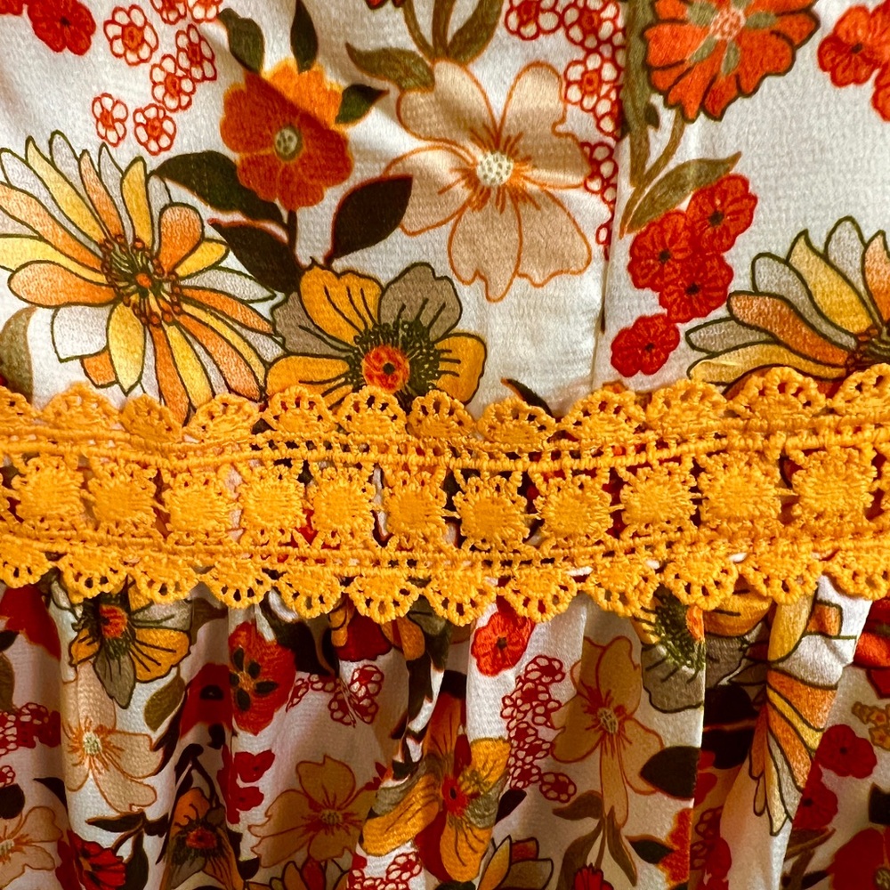 Vibrant Floral Maxi Dress Orange Crochet Straps Tiered Lined Boho Festival Med - Picture 4 of 11